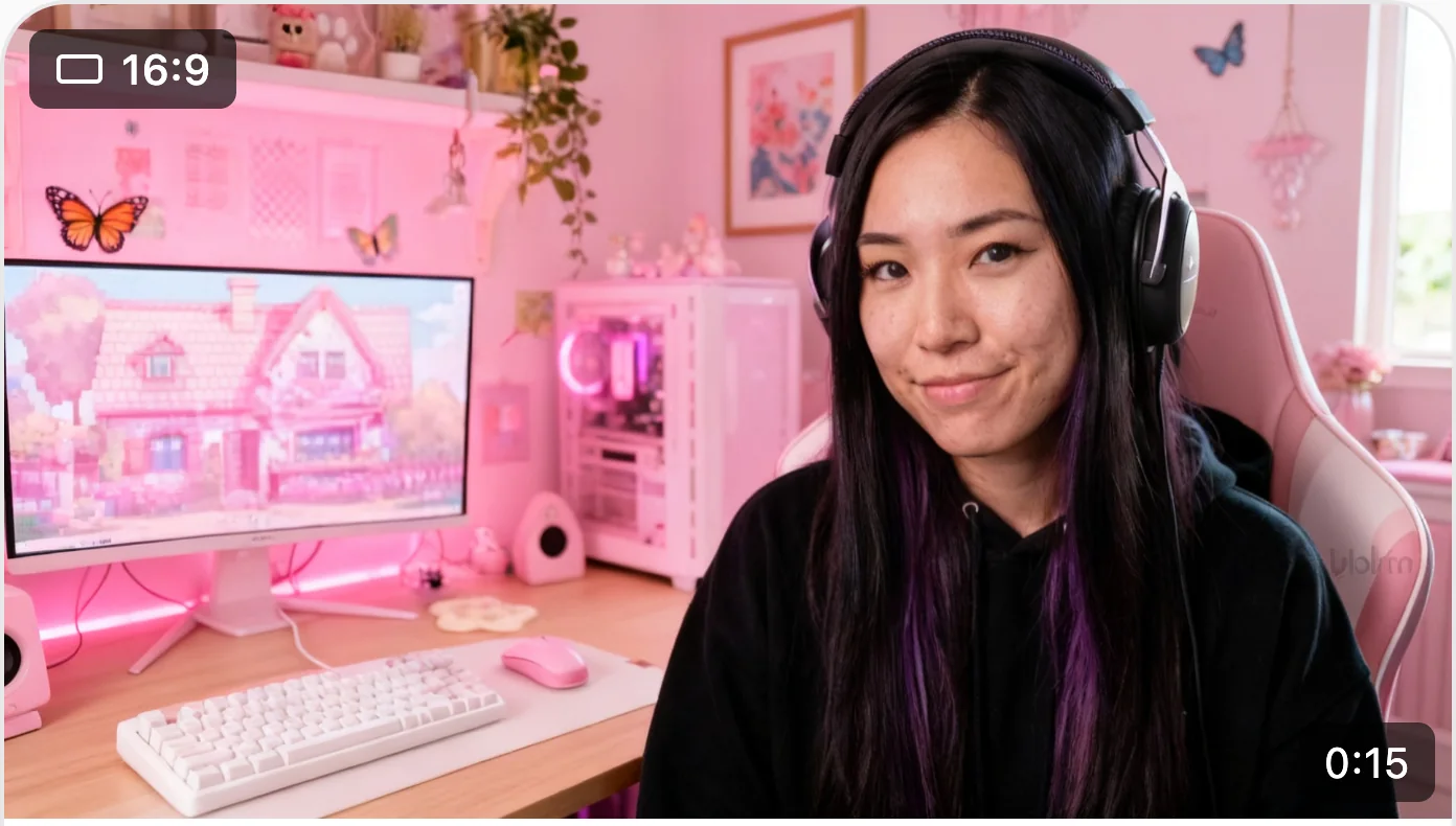 A finished 16-by-9 KlipGo video: a streamer in a pink gaming room, 15 seconds long.